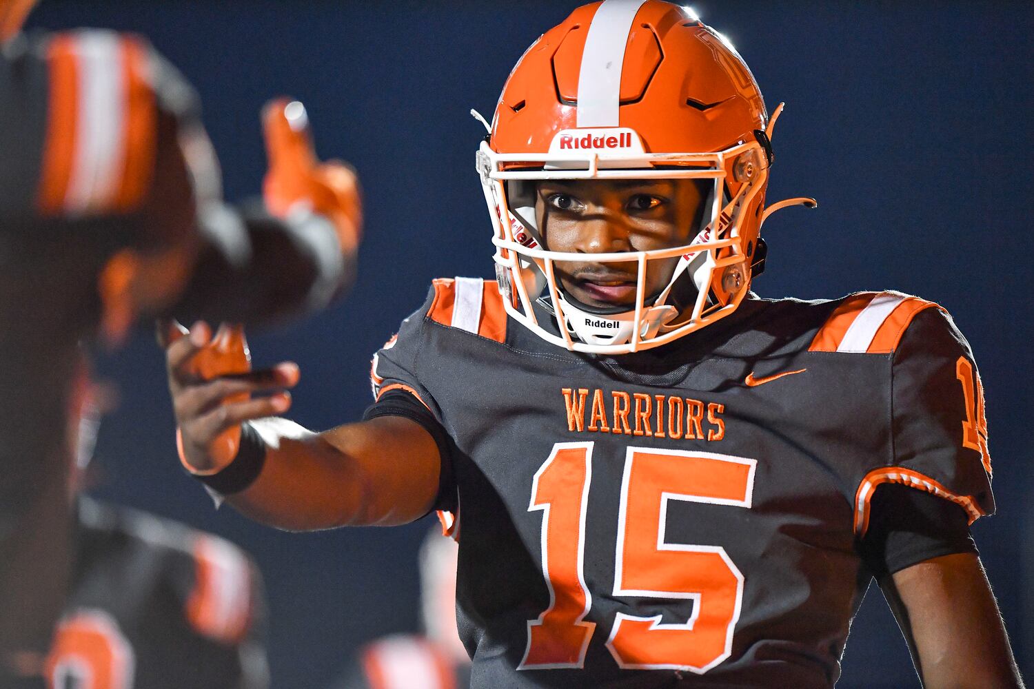 North Cobb’s quarterback Nick Grimstead (15) celebrates his touchdown during the first half of play Friday, Nov. 10, 2023 at North Cobb High School. (Daniel Varnado/For the AJC)