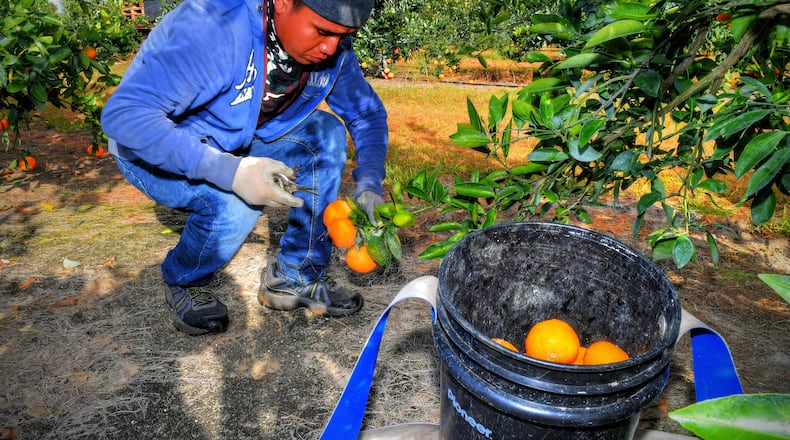 An advocate of the Latinx community in Georgia urges support for farm workers whose labor powers the U.S. agricultural industry. (Chris Hunt for The Atlanta Journal-Constitution)