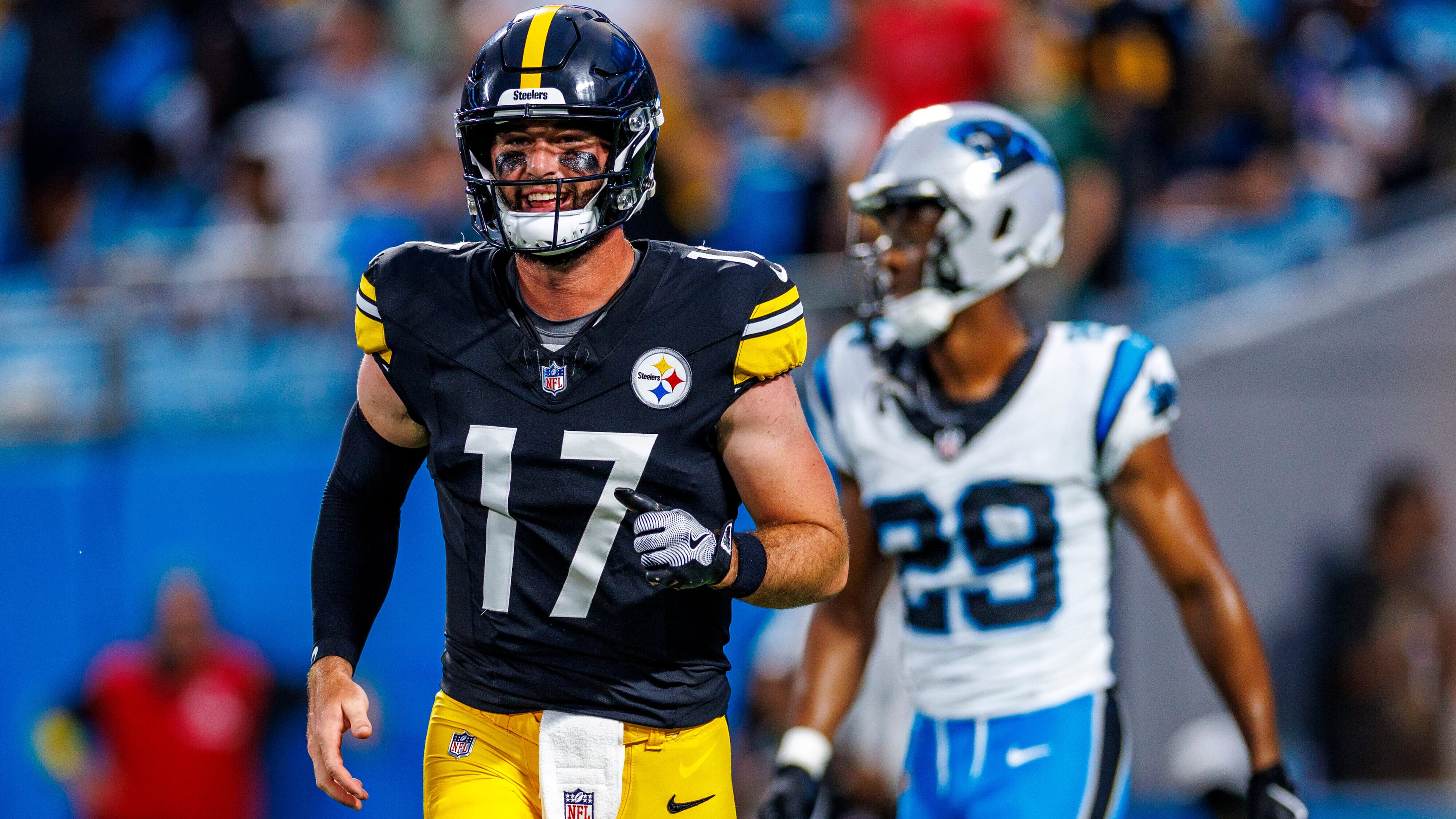 FILE - Pittsburgh Steelers quarterback Skylar Thompson (17) celebrates a touchdown pass during an NFL football game against the Carolina Panthers, Thursday, Aug. 21, 2025, in Charlotte, N.C. (AP Photo/Rusty Jones, File)
