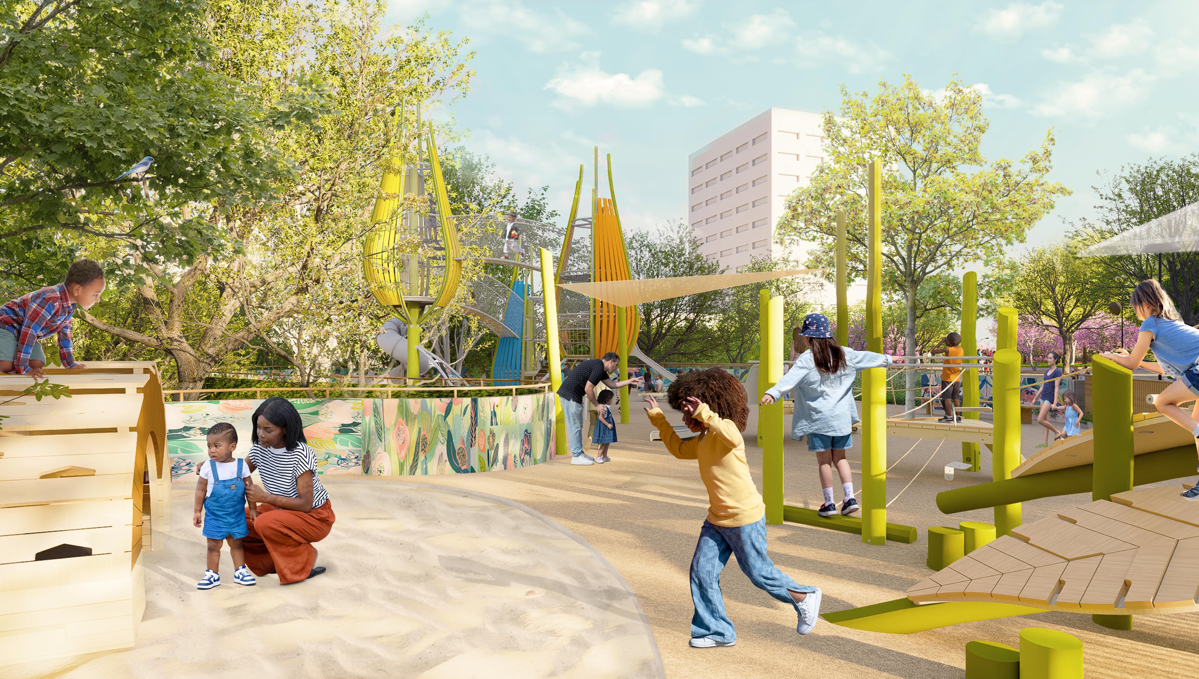 A rendering of a planned public space called Piedmont Playground within the first phase of the Stitch was unveiled Wednesday. (Courtesy of Atlanta Downtown Improvement District)