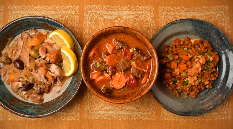 These recipes exemplify the three ways stews can be prepared: (from left) Chicken Stew with Dried Fruit and Olives, Lemon-Lime Beef and Carrot Stew and Slow Cooker Lentil Stew with Cauliflower. (Styling by Cynthia Graubart / Chris Hunt for the AJC)