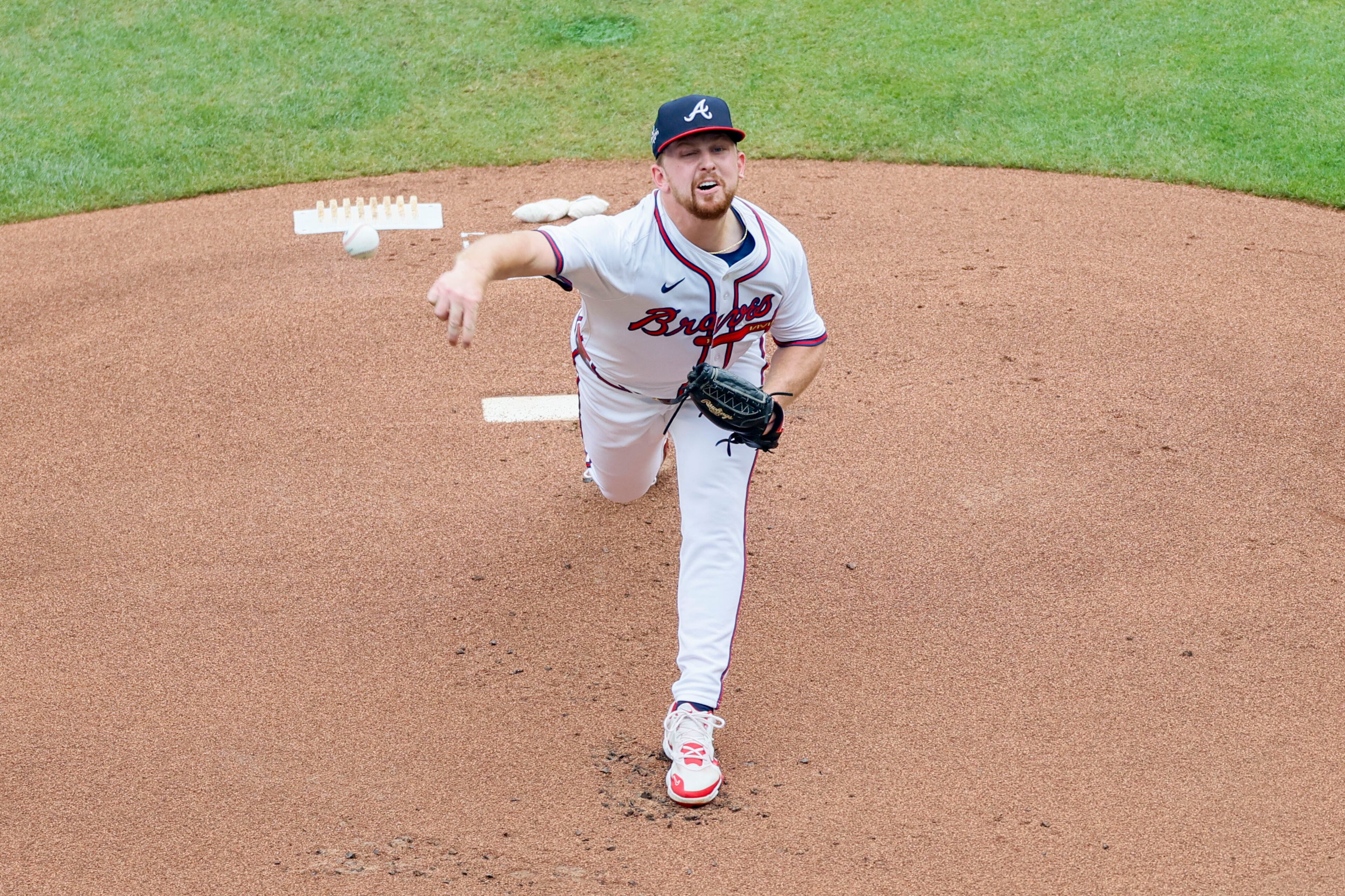 Atlanta Braves starting pitcher Spencer Schwellenbach (56) throws a pitch to a San Diego Padres batter during the first inning of a baseball game on Sunday, May 25, 2025, in Atlanta. (Miguel Martinez/Atlanta Journal-Constitution via AP)