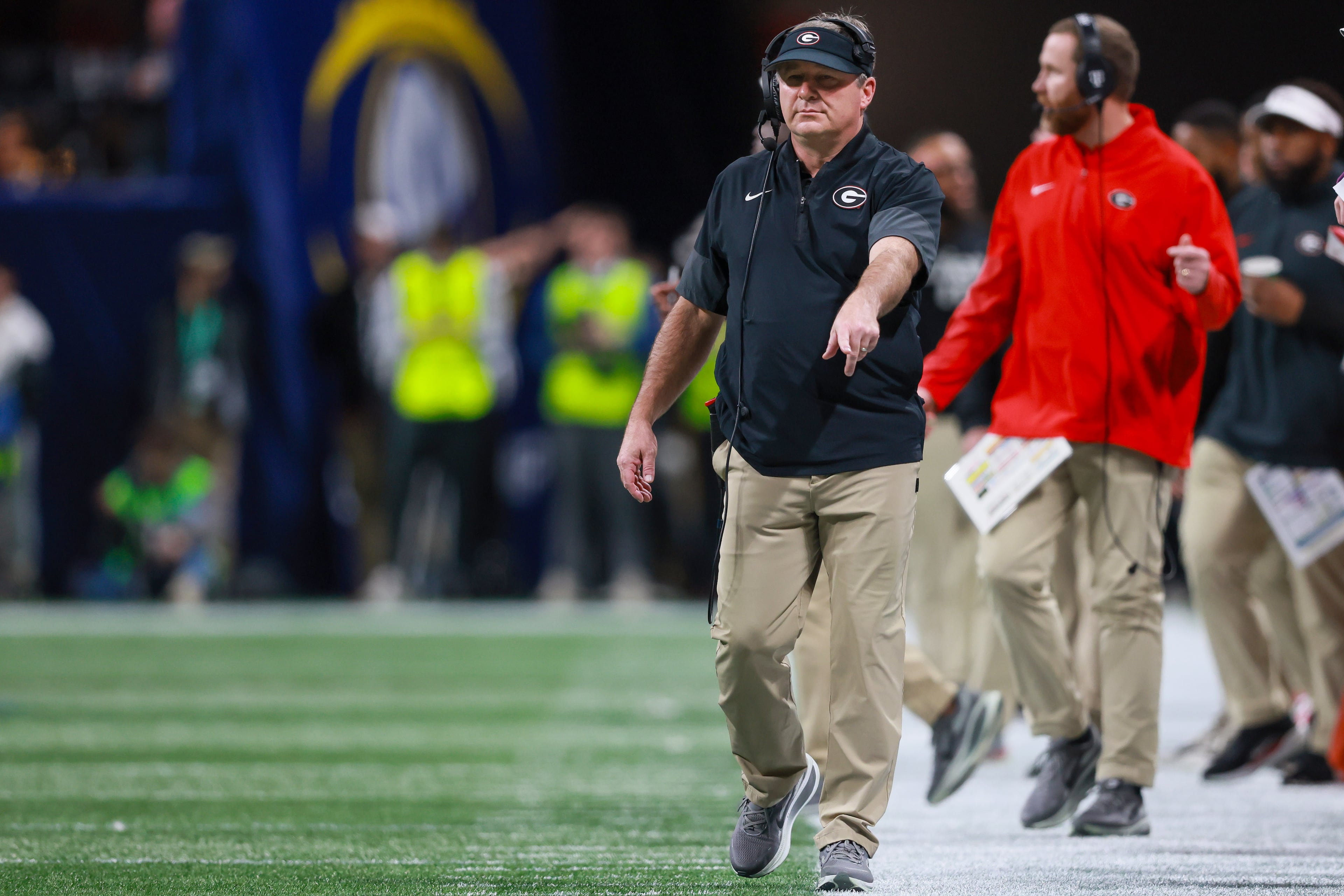 Georgia head coach Kirby Smart works the sideline against Alabama during the first half of the SEC Championship game at Mercedes-Benz Stadium, Saturday, Dec. 6, 2025, in Atlanta. (Jason Getz / AJC)