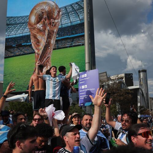 Argentina fans celebrate outside Atlanta Stadium (Mercedes-Benz Stadium) after Argentina wins the FIFA World Cup game against England on July 15, 2026. (Arvin Temkar/AJC)