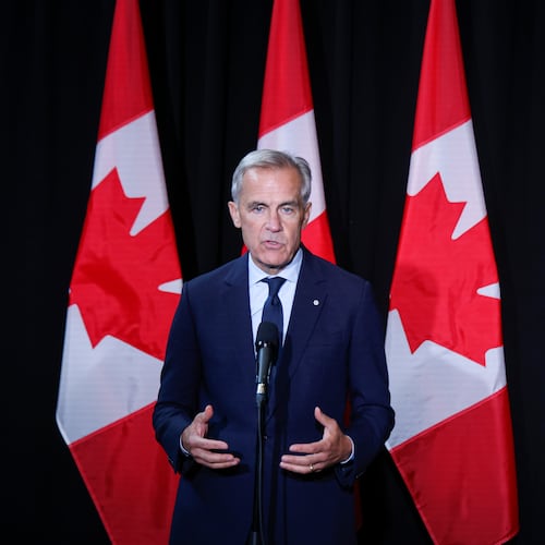 Canadian Prime Minister Mark Carney speaks to the media at a cabinet retreat in Banff, Alberta, Thursday, Sept. 10, 2026. (Jeff McIntosh/The Canadian Press via AP)