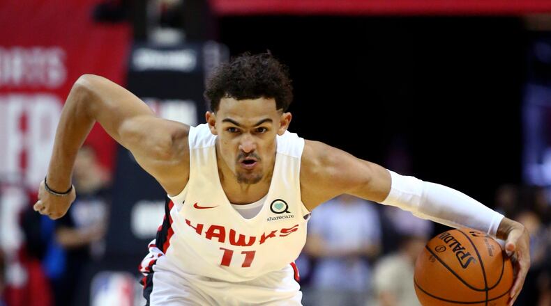 Atlanta Hawks guard Trae Young against the New York Knicks during an NBA Summer League game at the Thomas & Mack Center. Mandatory Credit: Mark J. Rebilas-USA TODAY Sports