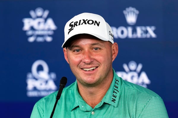Sepp Straka, of Austria, speaks during a news conference at the PGA Championship golf tournament at the Quail Hollow Club, Wednesday, May 14, 2025, in Charlotte, N.C. (AP Photo/Matt York)