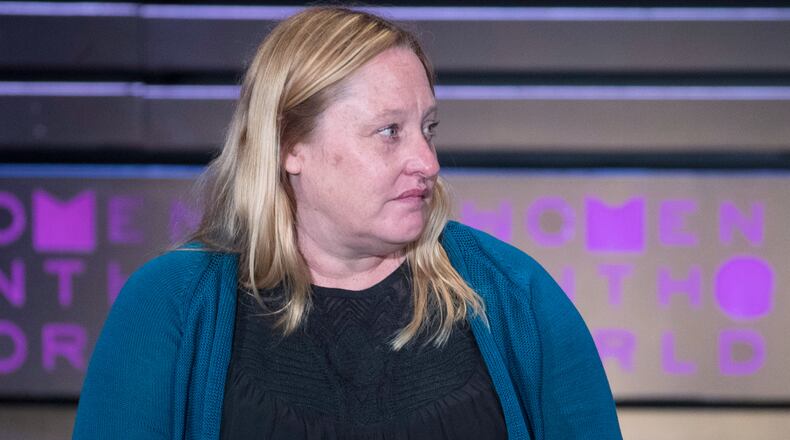 FILE - Heidi Beirich, of the Southern Poverty Law Center, speaks during the Women in the World Summit at Lincoln Center in New York, April 6, 2017. (AP Photo/Mary Altaffer, File)