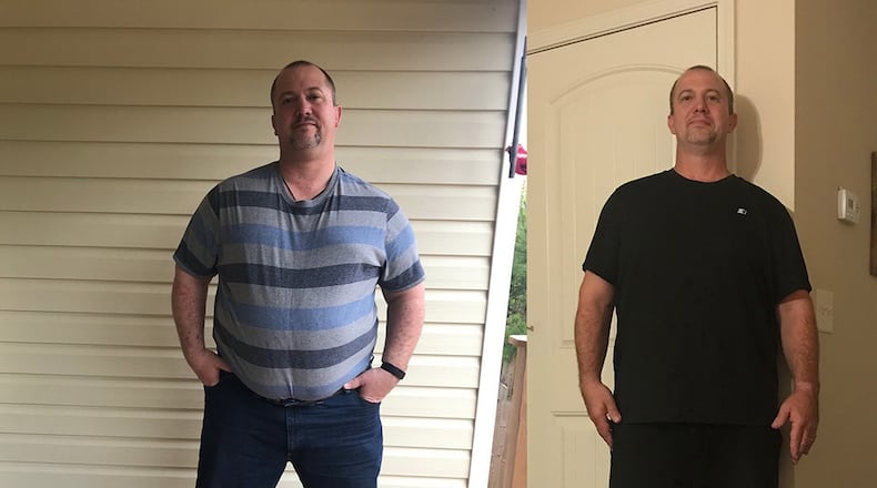 In the photo on the left, taken in March, Mark Nichols weighed 405 pounds. In the photo on the right, taken in September, he weighed 265 pounds. (Photos contributed by Mark Nichols)