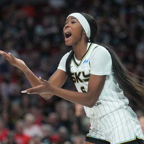 Chicago Sky forward Rickea Jackson reacts after a call during the second half of a WNBA basketball game against the Portland Fire, Saturday, May 9, 2026, in Portland, Ore. (AP Photo/Jenny Kane)