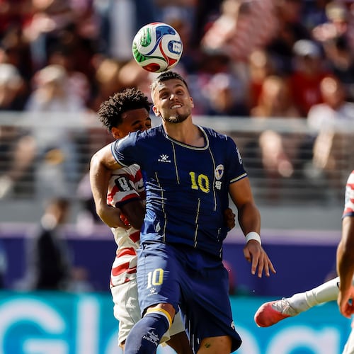 Bosnia and Herzegovina's Ermedin Demirovic (10) heads the ball in the first half of a 2026 FIFA World Cup Round of 32 match against the United States at Levi's Stadium in Santa Clara, Calif., near San Francisco, Wednesday, July 1, 2026. (Carlos Avila Gonzalez/San Francisco Chronicle via AP)