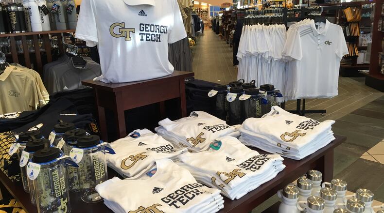 Georgia Tech gear from Adidas on sale at the Barnes & Noble bookstore near campus on Friday morning, April 20, 2018. (AJC photo by Ken Sugiura)