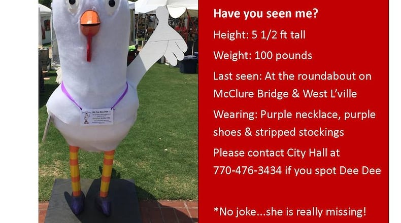 Dee Dee the Chicken, the mascot for the city of Duluth’s weeklong art festival, has been missing since Tuesday. (Credit: City of Duluth Facebook page)