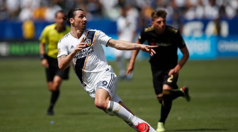 Los Angeles Galaxy's Zlatan Ibrahimovic, of Sweden, follows the play during the second half of an MLS soccer match against the Los Angeles FC Saturday, March 31, 2018, in Carson, Calif. The Galaxy won 4-3. (AP Photo/Jae C. Hong)