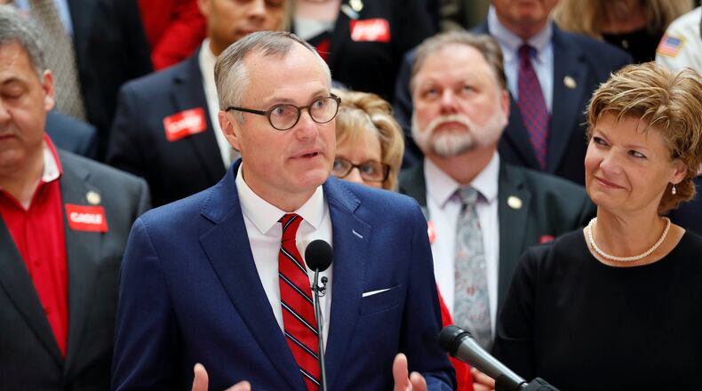 Lt. Gov. Casey Cagle, surrounded by supporters, addresses the media after he qualified to run for governor this afternoon.  Qualifying for Georgia's 2018  elections began Monday and runs through Friday.  Georgia has races for Governor, Lieutenant Governor and other statewide posts, and every congressional seat nationwide is up for a vote in November.