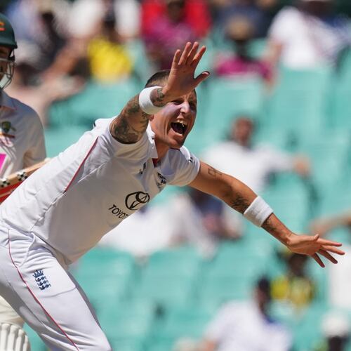FILE - England's Brydon Carse appeals unsuccessfully for the wicket of Australia's Travis Head during play on the last day of the fifth and final Ashes cricket test between England and Australia in Sydney, Thursday, Jan. 8, 2026. (AP Photo/Mark Baker, File)