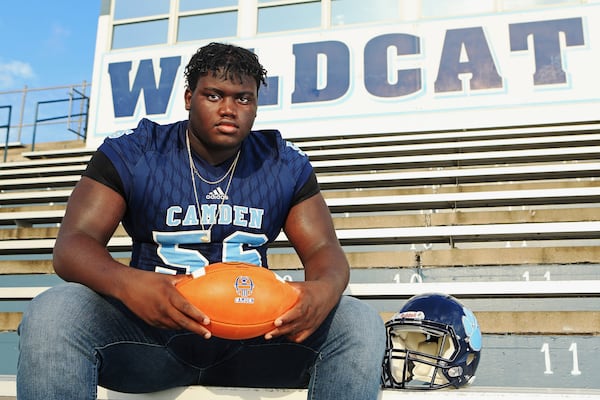 Micah Morris, a senior offensive lineman at Camden County High School, Kingsland, posed for a photo when he was one of the top 11 high school senior football recruits in the state of Georgia for 2020. (Christina Matacotta/AJC)