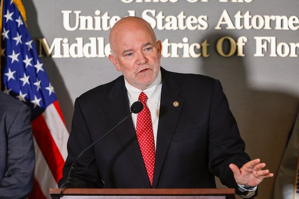 Gregory Kehoe, U.S. Attorney for the Middle District of Florida, speaks to reporters during a press conference regarding Leo Govoni at the United States Attorney's Office on Monday, June 23, 2025, in Tampa, Fla. (Jefferee Woo/Tampa Bay Times via AP)