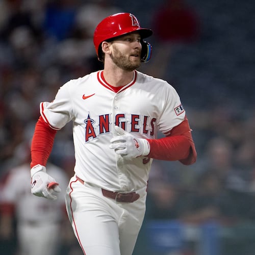 FILE - Los Angeles Angels' Taylor Ward runs the bases after hitting a home run during the ninth inning of a baseball game against the Kansas City Royals Sept. 23, 2025, in Anaheim, Calif. (AP Photo/Eric Thayer, File)