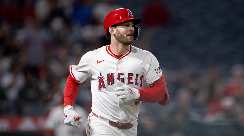 FILE - Los Angeles Angels' Taylor Ward runs the bases after hitting a home run during the ninth inning of a baseball game against the Kansas City Royals Sept. 23, 2025, in Anaheim, Calif. (AP Photo/Eric Thayer, File)