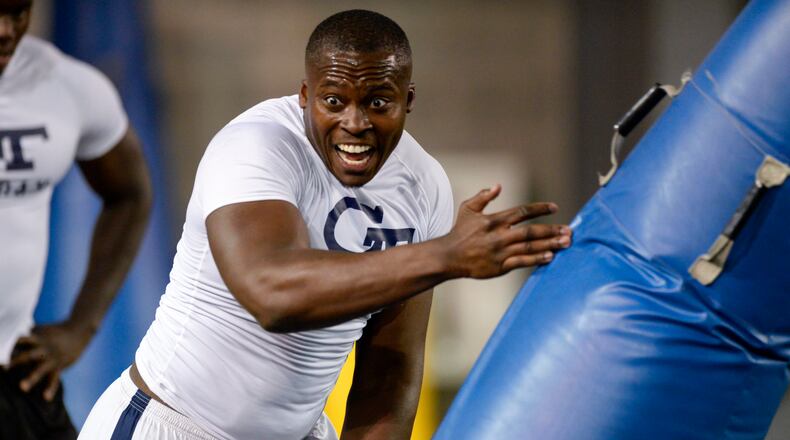 March 17, 2017, Atlanta - Former Georgia Tech defensive lineman Francis Kallon (92) completes a drill during Pro Day at the Georgia Tech Mary R. & John F. Brock practice facility in Atlanta, Georgia, on Friday, March 17, 2017. (DAVID BARNES / SPECIAL)