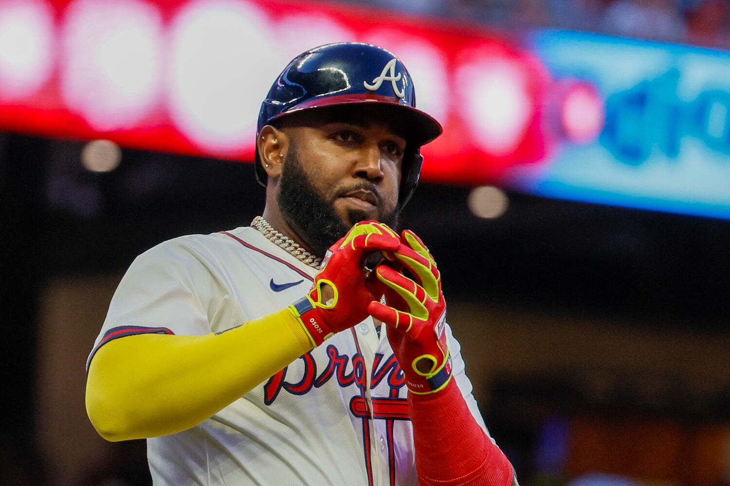 Atlanta Braves designated hitter Marcell Ozuna (20) reacts as he rounds first base after hitting a solo home run during the fifth inning against the Washington Nationals on Monday, May 12, 2025, in Atlanta.  
(Miguel Martinez/ AJC)