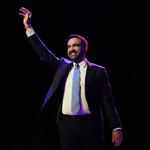 Zohran Mamdani reacts as he walks on stage to speak at a mayoral election night watch party, Tuesday, Nov. 4, 2025, in New York. (AP Photo/Yuki Iwamura)
