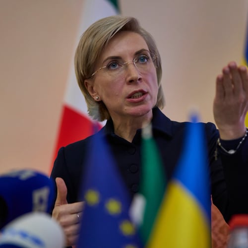Deputy Head of the Office of the President of Ukraine Iryna Vereshchuk speaks to the press at the Embassy of Ukraine in Italy, in Rome, Wednesday, Nov. 19, 2025. (AP Photo/Domenico Stinellis)