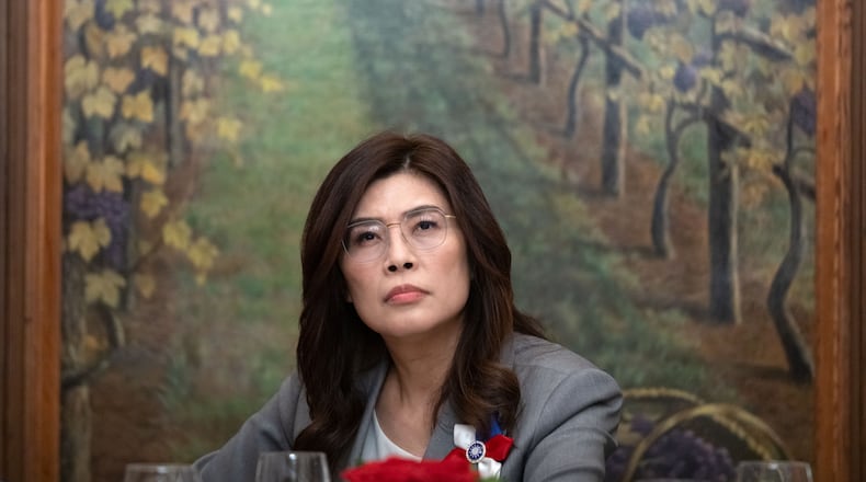 Cheng Li-wun, the chairperson of Taiwan's main opposition Nationalist Party, or Kuomintang (KMT), speaks with reporters during a news conference on Friday, June 12, 2026, in Washington. (AP Photo/Mark Schiefelbein)