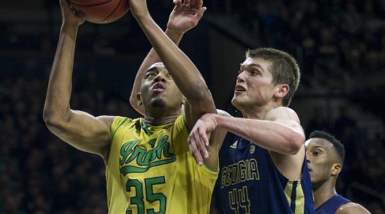 Georgia Tech center Ben Lammers had four blocks against Notre Dame, the fourth game in a row in which he has had at least that many. (Associated Press)