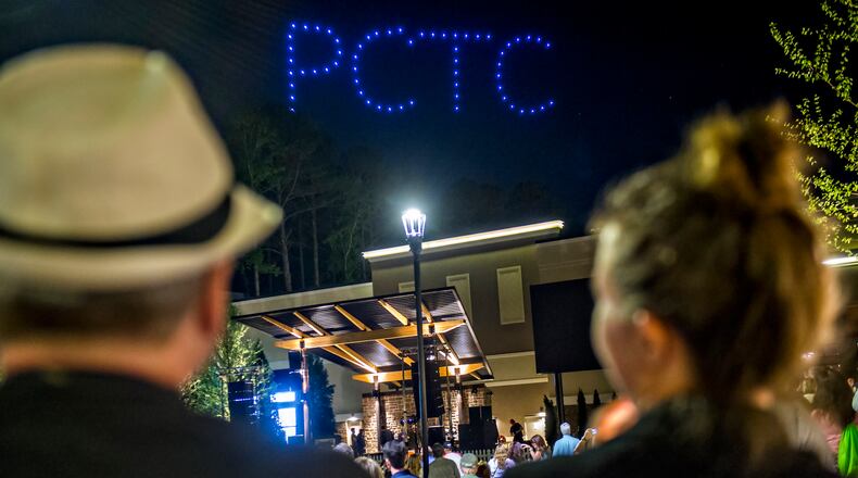 The Peachtree Corners Town Center opening ended with a synchronized drone show that lit the sky with the letters PCTC. (Courtesy City of Peachtree Corners)