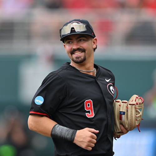Georgia infielder Kolby Branch reacts during the second inning of their NCAA Regional game at Foley Field, Friday, May 29, 2026, in Athens. (Hyosub Shin/AJC)