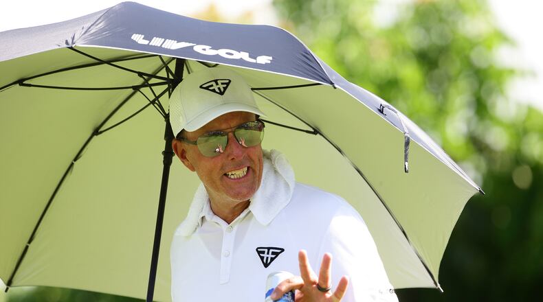 Phil Mickelson of HyFlyers GC  in action during day three of the LIV Golf Invitational - Singapore at Sentosa Golf Club on April 30, 2023, in Singapore. (Suhaimi Abdullah/Getty Images/TNS)