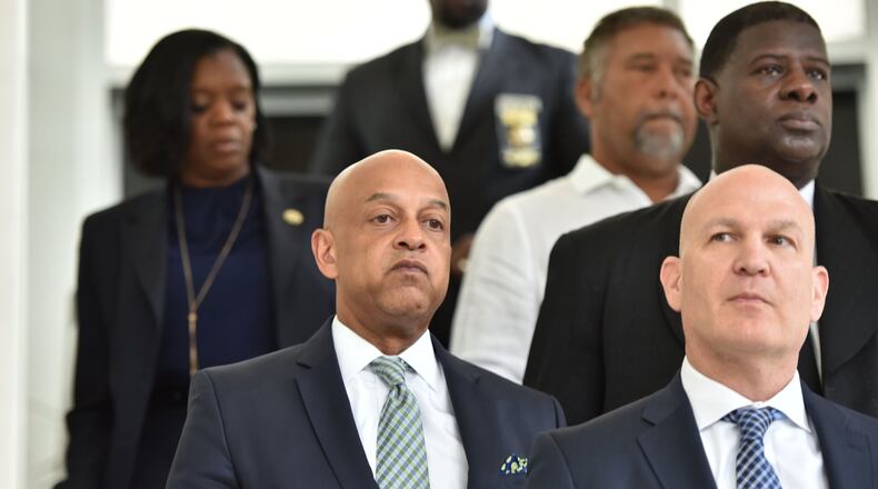DeKalb County Sheriff Jeff Mann stands next to his lawyer Noah Pines during a press conference at the DeKalb County Sheriff’s Office on Friday, May 12, 2017. HYOSUB SHIN / HSHIN@AJC.COM