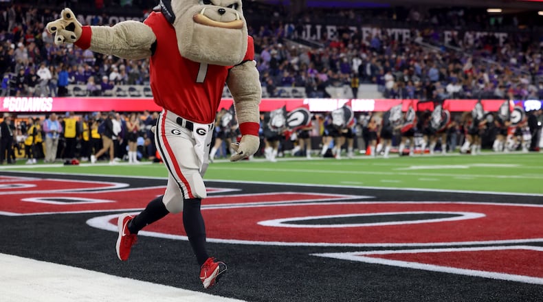 Hairy Dawg performs during the first half of the College Football Playoff National Championship at SoFi Stadium in Los Angeles on Monday, January 9, 2023. (Jason Getz / Jason.Getz@ajc.com)