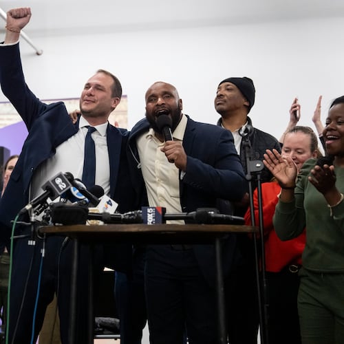 Jersey City Mayor-elect James Solomon gestures during his speech at a watch party, Tuesday, Dec. 2, 2025, in Jersey City, N.J. (AP Photo/Yuki Iwamura)