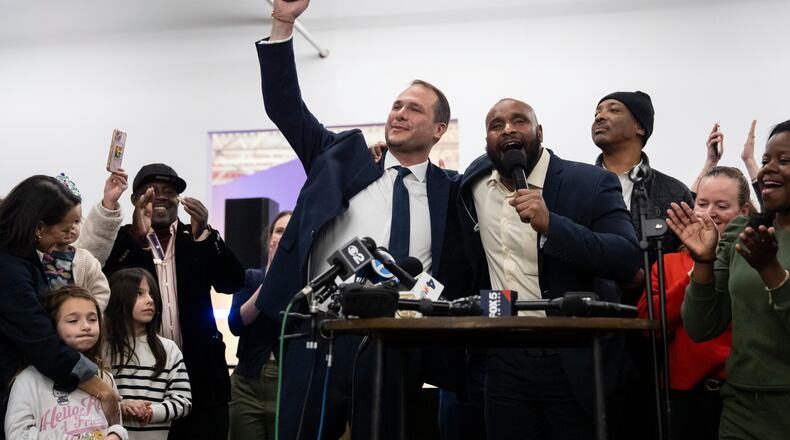 Jersey City Mayor-elect James Solomon gestures during his speech at a watch party, Tuesday, Dec. 2, 2025, in Jersey City, N.J. (AP Photo/Yuki Iwamura)