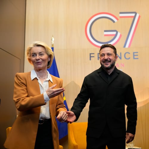 Ukrainian President Volodymyr Zelenskyy, center, meets with European Commission President Ursula von der Leyen, left, and European Council President Antonio Costa, right, at the G7 summit in Evian-les-Bains, France, Tuesday, June 16, 2026. (AP Photo/Vadim Ghirda)