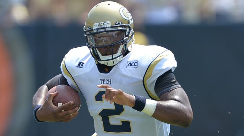 Georgia Tech quarterback Vad Lee (2) scrambles against Elon in Bobby Dodd Stadium on Saturday, August 31, 2013.