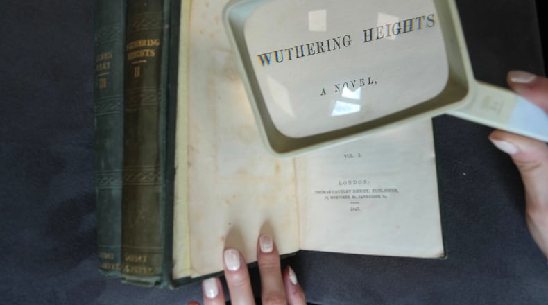 A first edition of Emily Bronte's Wuthering Heights, is on display for sale at Christie's auction house, with copies estimated at 400,000–600,000 GBP (540,000–810,000 USD) in London, Monday, June 15, 2026. (AP Photo/Kin Cheung)