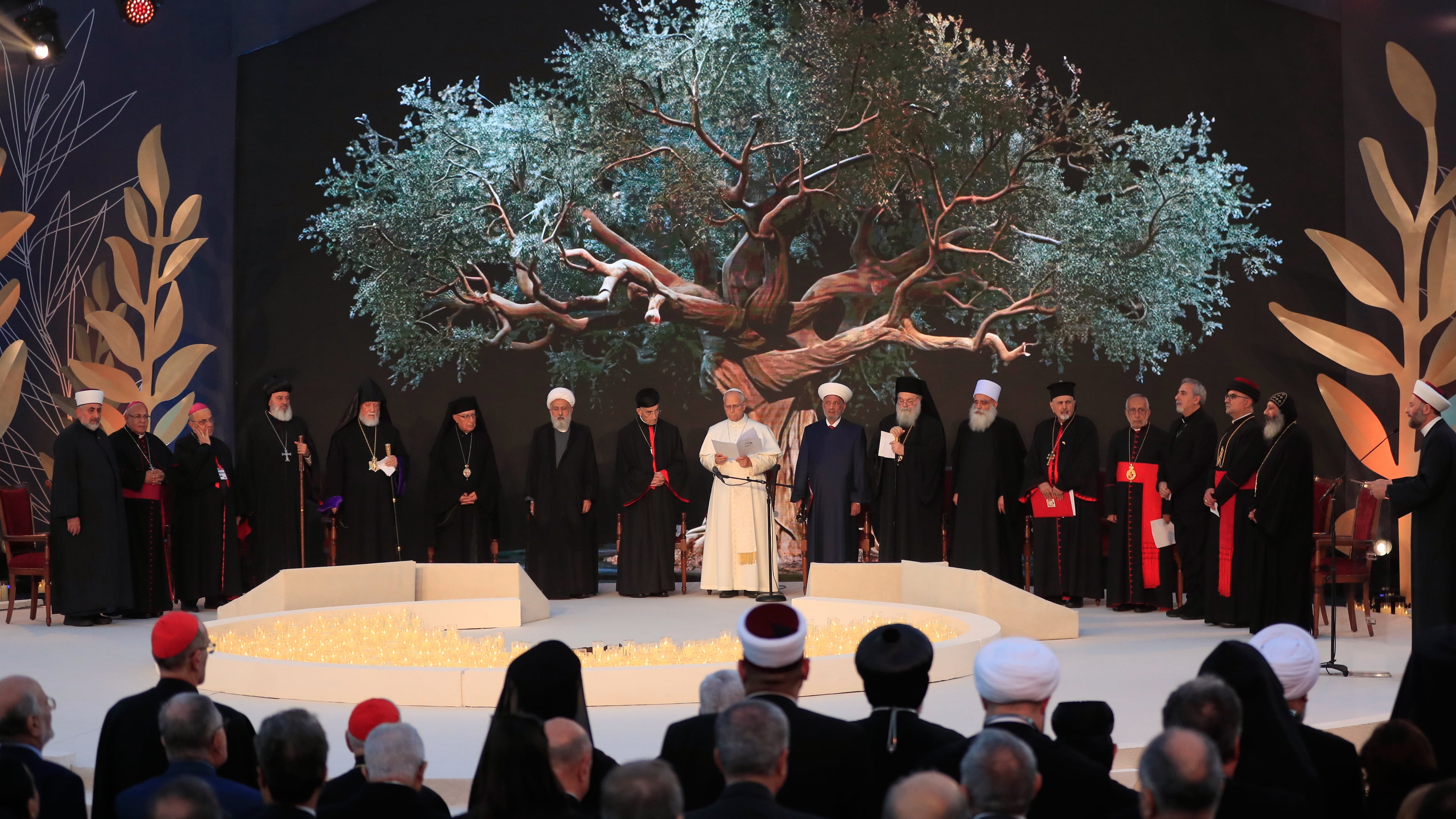 Pope Leo XIV, centre, attends an ecumenical and interreligious meeting at Martyrs' Square in downtown Beirut, Lebanon, Monday, Dec. 1, 2025. (AP Photo/Mohammad Zaatari)