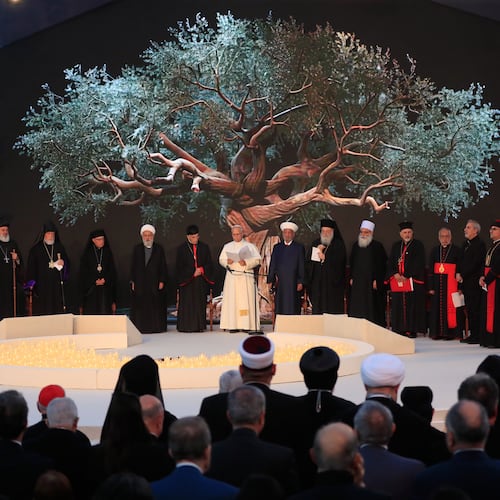 Pope Leo XIV, centre, attends an ecumenical and interreligious meeting at Martyrs' Square in downtown Beirut, Lebanon, Monday, Dec. 1, 2025. (AP Photo/Mohammad Zaatari)