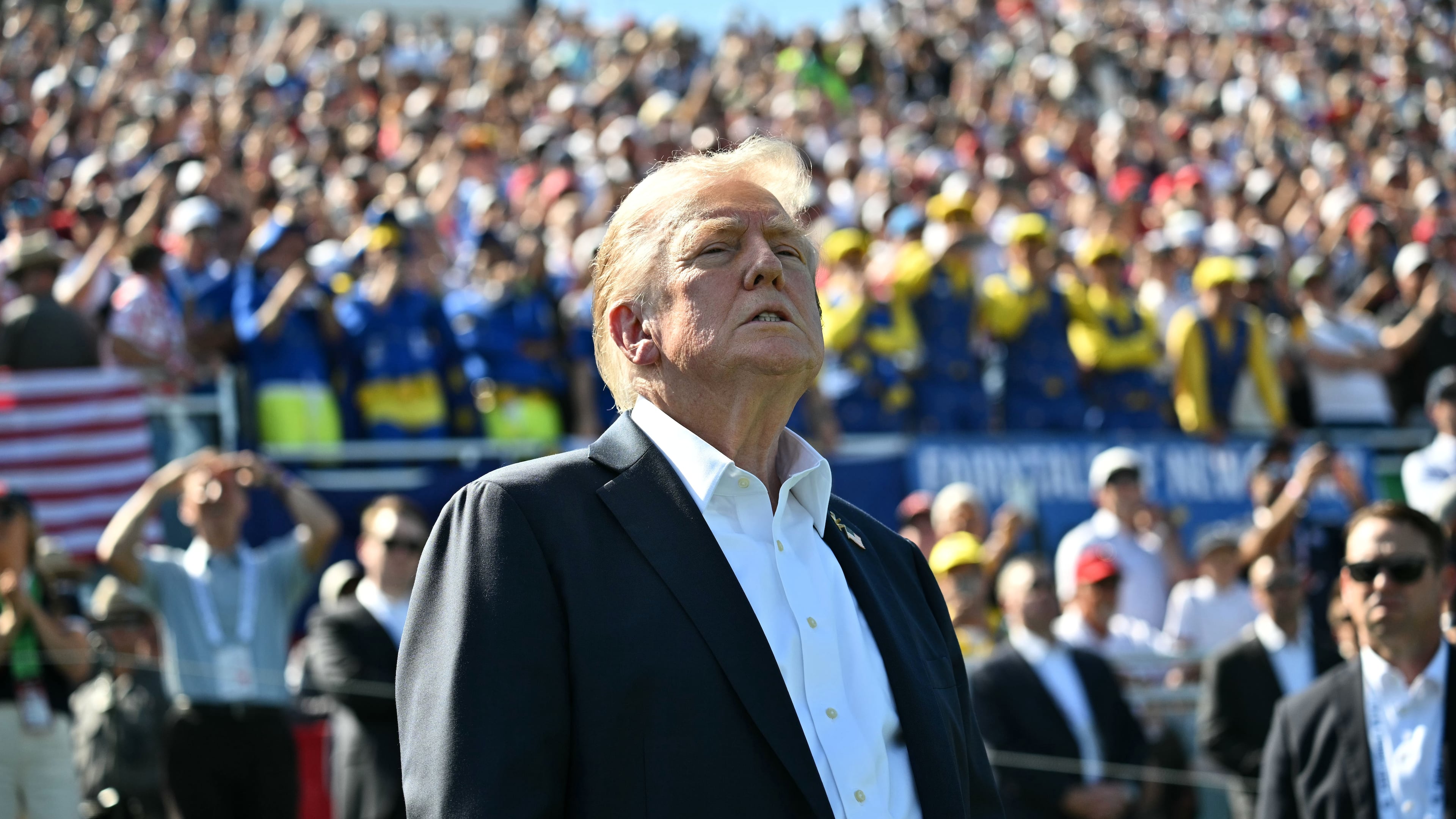 President Donald Trump attends the Ryder Cup golf tournament at Bethpage Black Golf Course in Farmingdale, N.Y., Friday, Sept. 26, 2025. (Mandel Ngan/Pool Photo via AP)