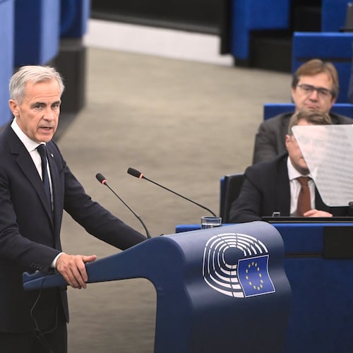 Canada's Prime Minister Mark Carney delivers a speech during a formal sitting at the European Parliament in Strasbourg, eastern France, Thursday, Sept 17, 2026. (AP Photo/Pascal Bastien)