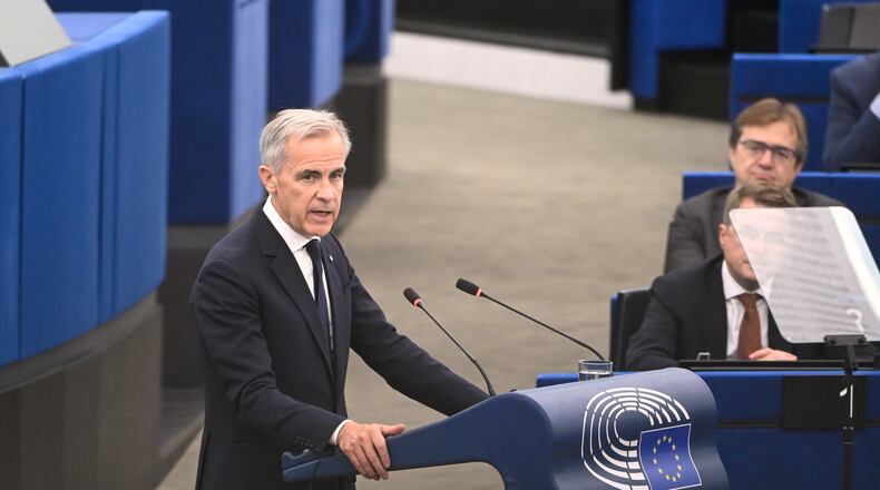 Canada's Prime Minister Mark Carney delivers a speech during a formal sitting at the European Parliament in Strasbourg, eastern France, Thursday, Sept 17, 2026. (AP Photo/Pascal Bastien)