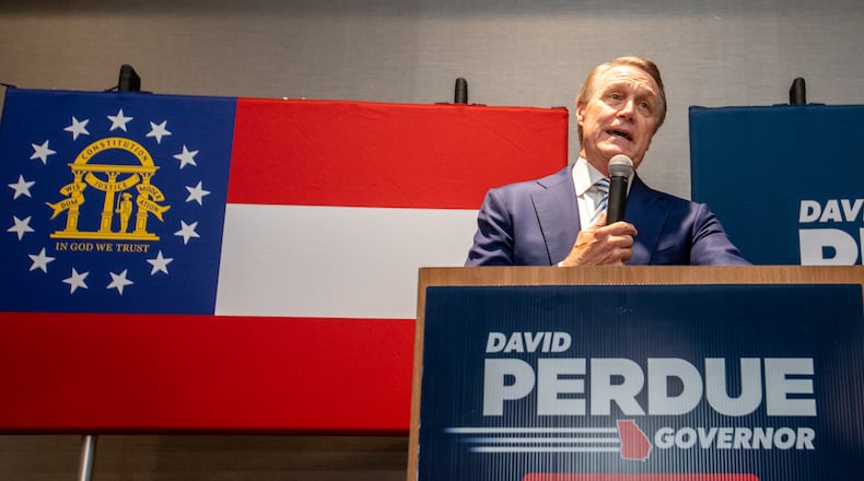 David Perdue concedes the primary Republican Governor’s race to Brian Kemp during his election party on Tuesday, May 24, 2022.  (Jenni Girtman for The Atlanta Journal-Constitution)