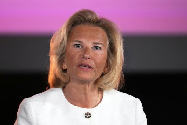 Cannes film festival president Iris Knobloch attends a press conference to announce the International Cannes film festival line up for the upcoming 78th edition of the Cannes Film Festival, Thursday, April 10, 2025 in Paris. (AP Photo/Michel Euler)