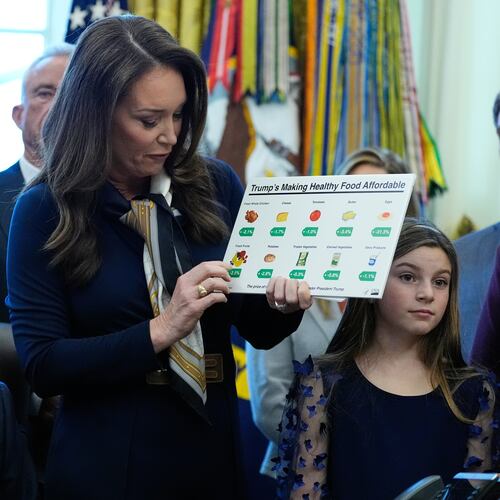 President Donald Trump listens as Agriculture Secretary Brooke Rollins speaks in the Oval Office of the White House, Wednesday, Jan. 14, 2026, in Washington. (AP Photo/Alex Brandon)