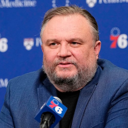 FILE - Philadelphia 76ers President of Basketball Operations Daryl Morey speaks after an NBA basketball game, April 13, 2025, in Philadelphia. (AP Photo/Matt Rourke, File)
