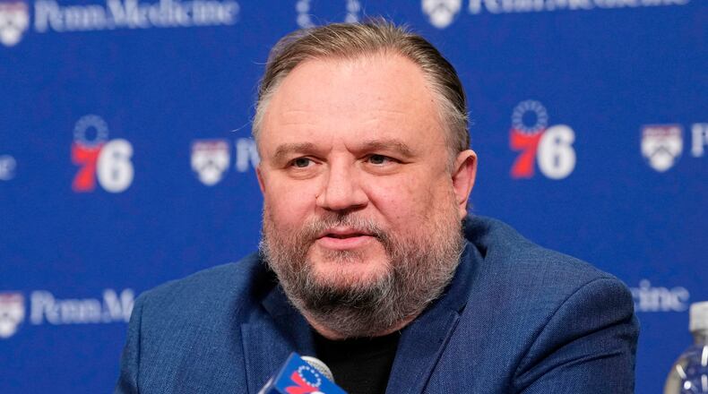 FILE - Philadelphia 76ers President of Basketball Operations Daryl Morey speaks after an NBA basketball game, April 13, 2025, in Philadelphia. (AP Photo/Matt Rourke, File)